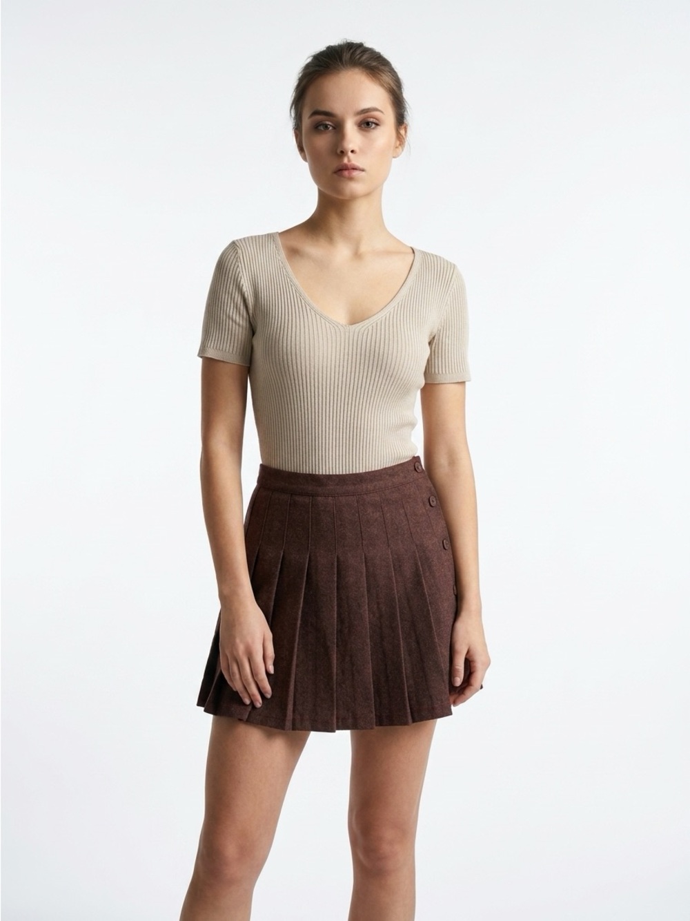 Abercrombie & Fitch Beige Ribbed Knit V Neck Short Sleeve Bodysuit Size M